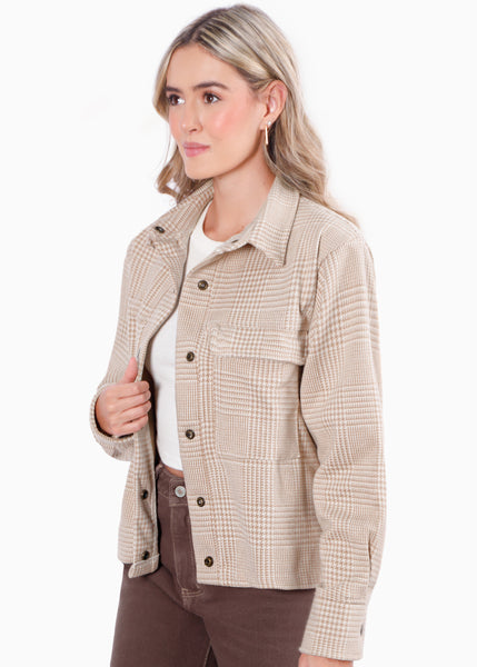 Chaqueta de cuadros con botones color beige para mujer - Flashy