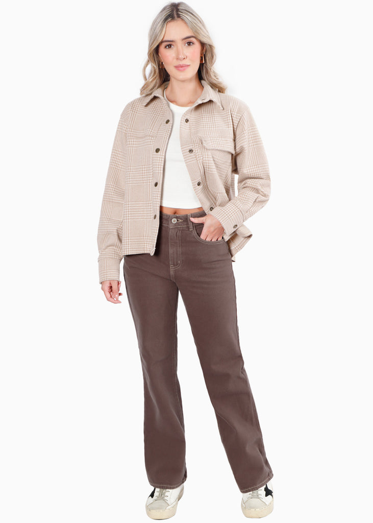 Chaqueta de cuadros con botones color beige para mujer - Flashy