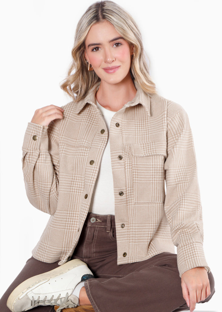 Chaqueta de cuadros con botones color beige para mujer - Flashy