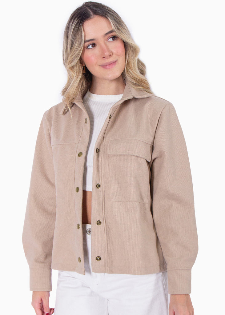 Chaqueta de tela tipo paño con botones color beige, camel, café para mujer - Flashy