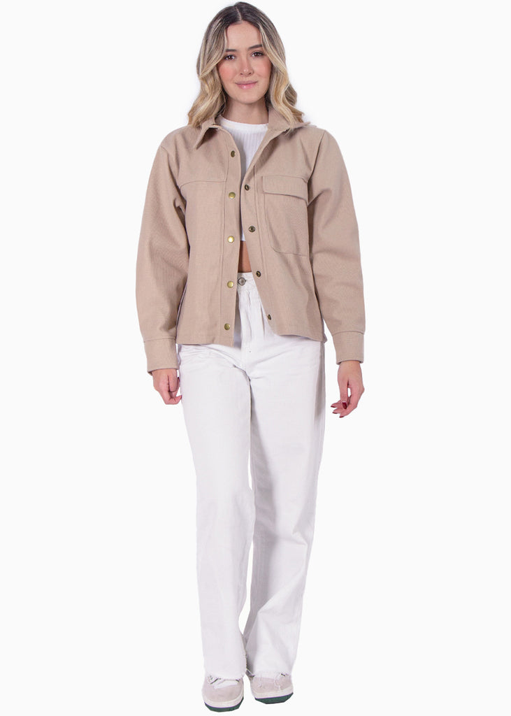 Chaqueta de tela tipo paño con botones color beige, camel, café para mujer - Flashy