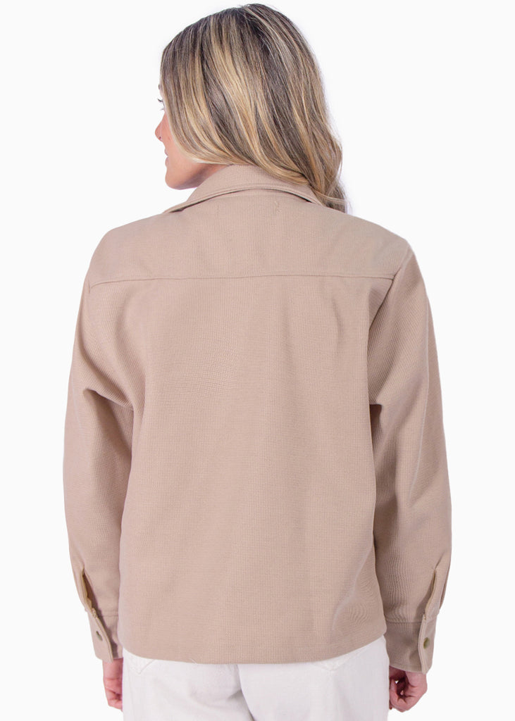 Chaqueta de tela tipo paño con botones color beige, camel, café para mujer - Flashy