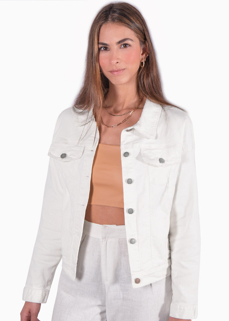 Chaqueta denim color marfil, blanco para mujer - Flashy