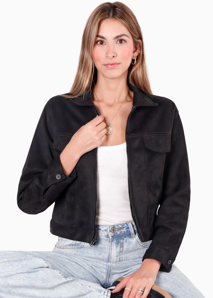 Chaqueta en tela tipo gamuza con bolsillos y cierre - REMEDIOS.NEGRO