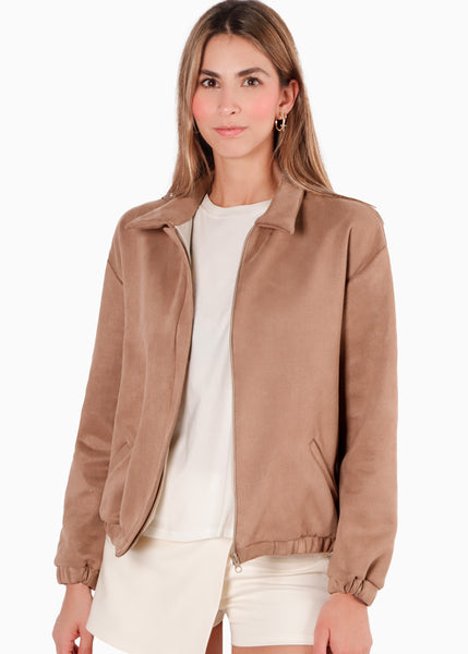 Chaqueta tipo bomber en gamuza color camel para mujer - Flashy
