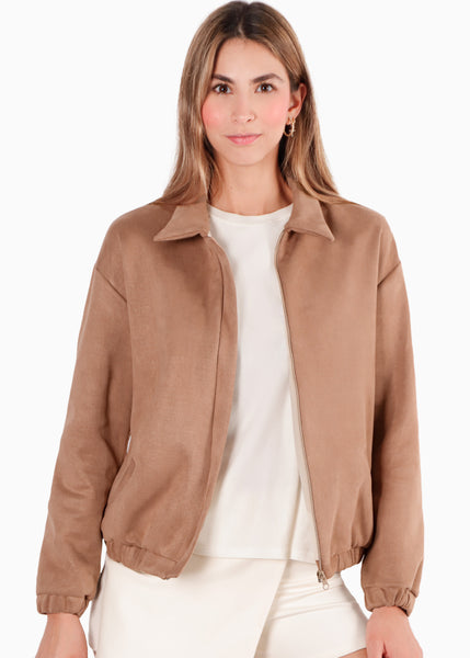 Chaqueta tipo bomber en gamuza color camel para mujer - Flashy