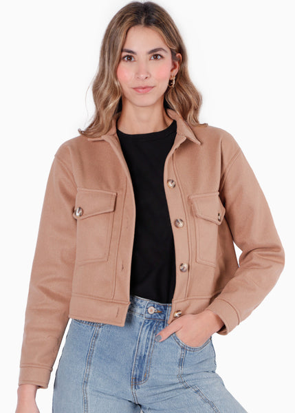 Chaqueta tipo gamuza con bolsillos y botones color café para mujer - Flashy