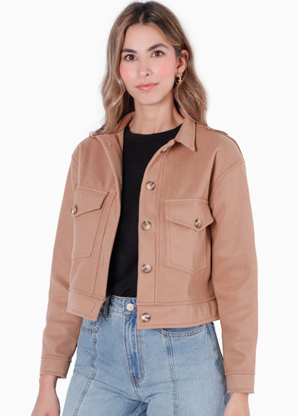 Chaqueta tipo gamuza con bolsillos y botones color café para mujer - Flashy