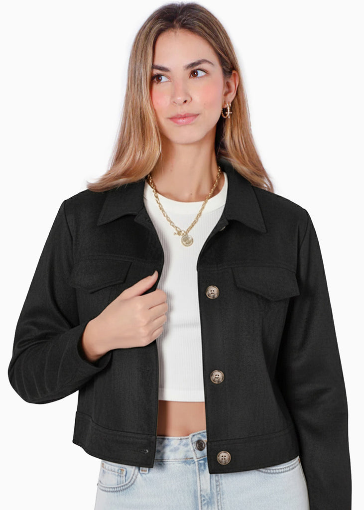 Chaqueta tipo gamuza con entrelazado en cuello y bolsillos - CEIBA.NEGRO