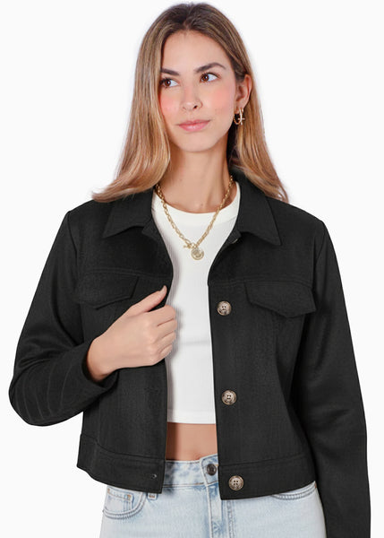 Chaqueta tipo gamuza con entrelazado en cuello y bolsillos - CEIBA.NEGRO