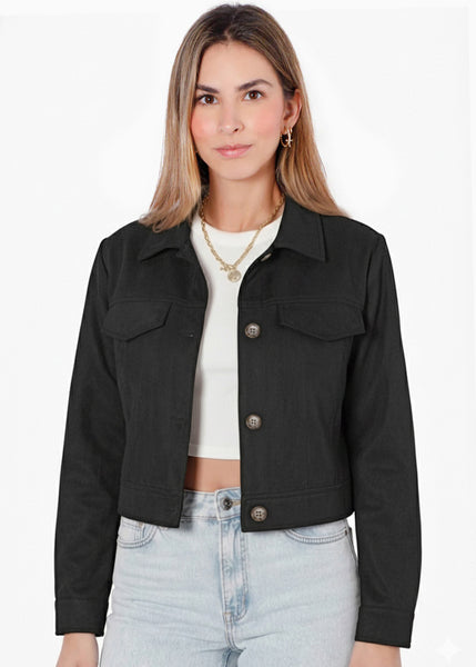 Chaqueta tipo gamuza con entrelazado en cuello y bolsillos - CEIBA.NEGRO