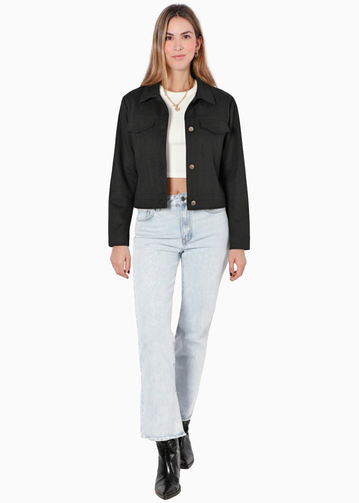 Chaqueta tipo gamuza con entrelazado en cuello y bolsillos - CEIBA.NEGRO