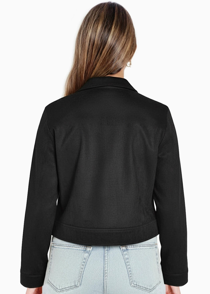 Chaqueta tipo gamuza con entrelazado en cuello y bolsillos - CEIBA.NEGRO