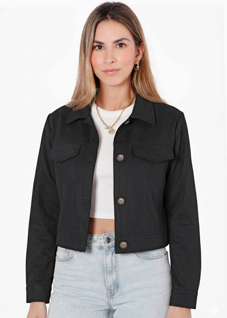 Chaqueta tipo gamuza con entrelazado en cuello y bolsillos - CEIBA.NEGRO