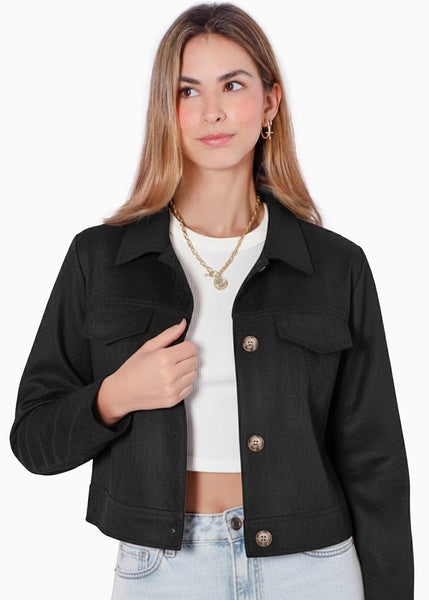 Chaqueta tipo gamuza con entrelazado en cuello y bolsillos - CEIBA.NEGRO
