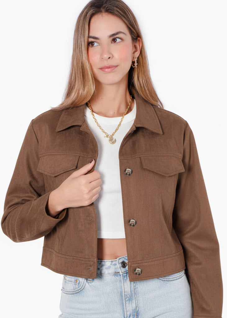 Chaqueta Tipo Gamuza con Entrelazado en Cuello de Mujer de Flashy