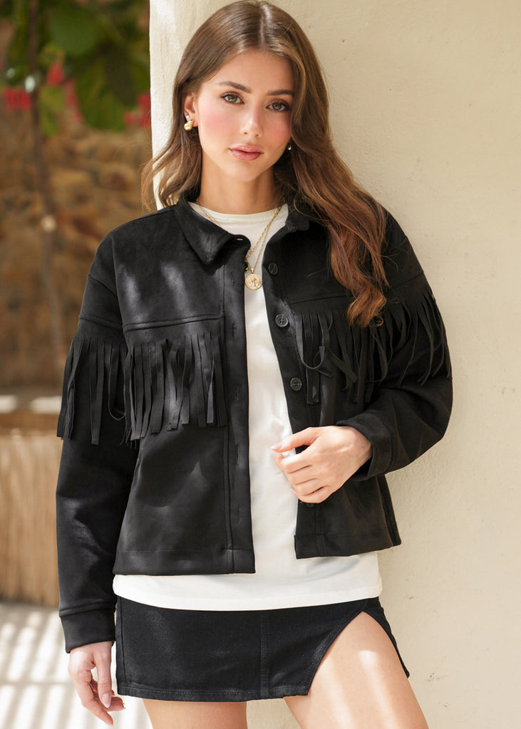 Chaqueta tipo gamuza con flecos y botones color negro para mujer - Flashy