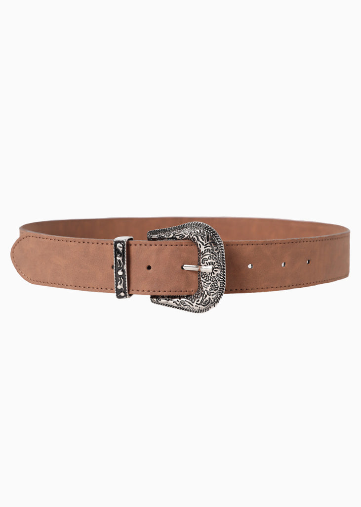 Cinturón tipo vaquero con hebilla plateada color café para mujer - Flashy