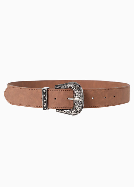Cinturón tipo vaquero con hebilla plateada color café para mujer - Flashy