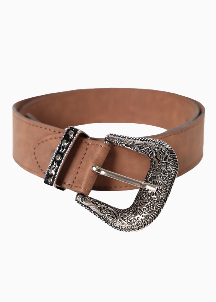 Cinturón tipo vaquero con hebilla plateada color café para mujer - Flashy