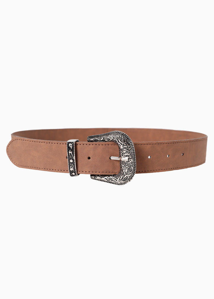 Cinturón tipo vaquero con hebilla plateada color café para mujer - Flashy