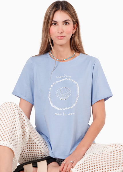 Camiseta con estampado y bordado color azul para mujer - Flashy