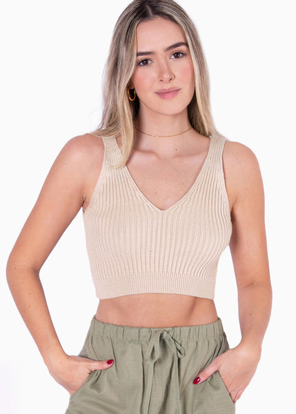 Crop tejido con escote en v color beige para mujer - Flashy