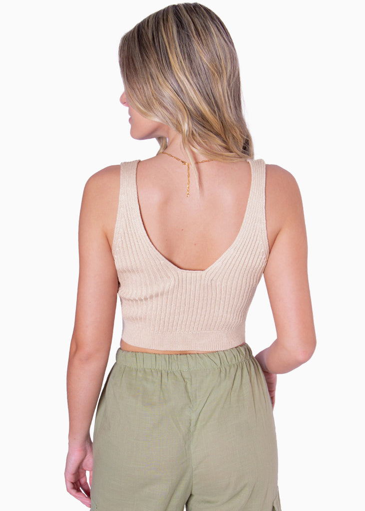 Crop tejido con escote en v color beige para mujer - Flashy