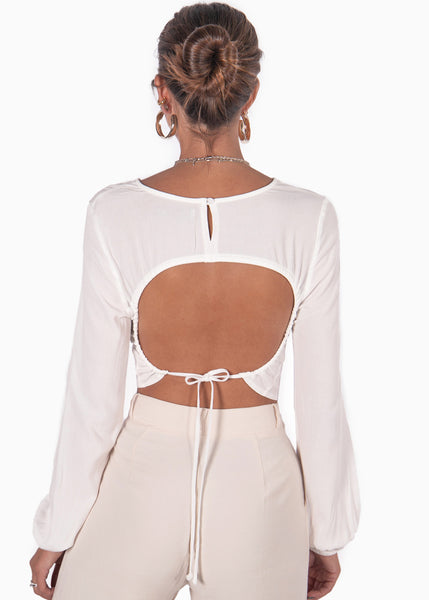 Crop top con cuello alto y espalda descubierta color blanco para mujer - Flashy
