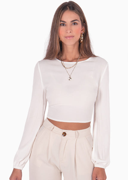 Crop top con cuello alto y espalda descubierta color blanco para mujer - Flashy