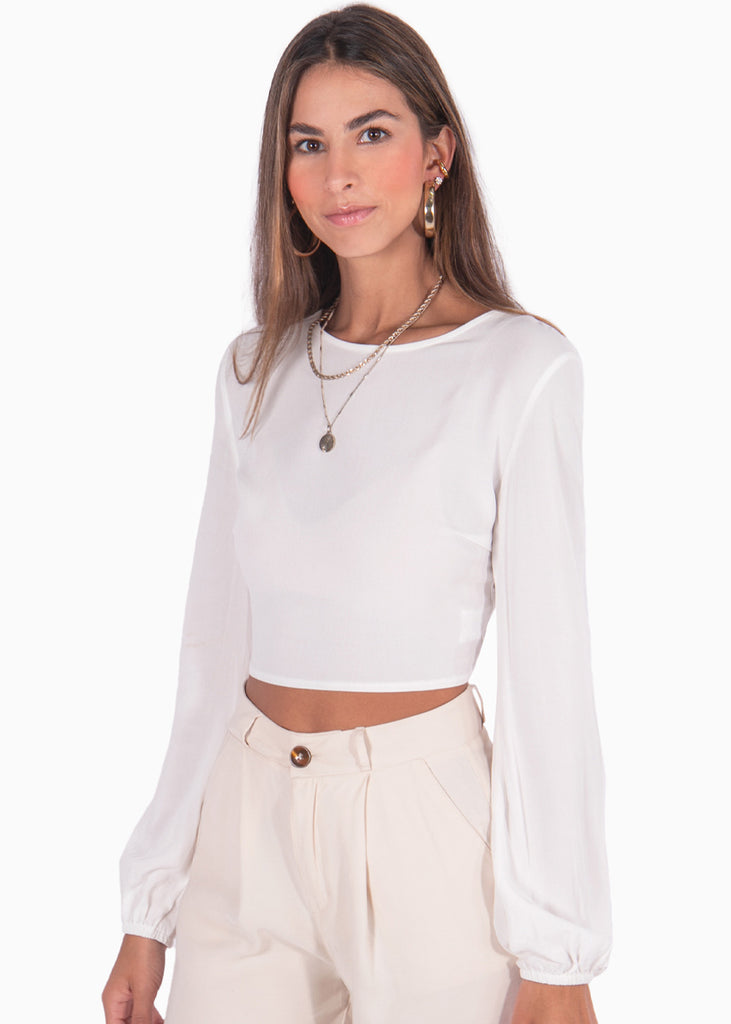 Crop top con cuello alto y espalda descubierta color blanco para mujer - Flashy