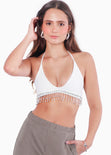 Crop top con escote de triángulo y apliques de piedras brillantes color blanco, marfil para mujer - Flashy