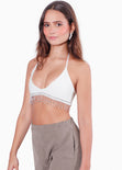 Crop top con escote de triángulo y apliques de piedras brillantes color blanco, marfil para mujer - Flashy