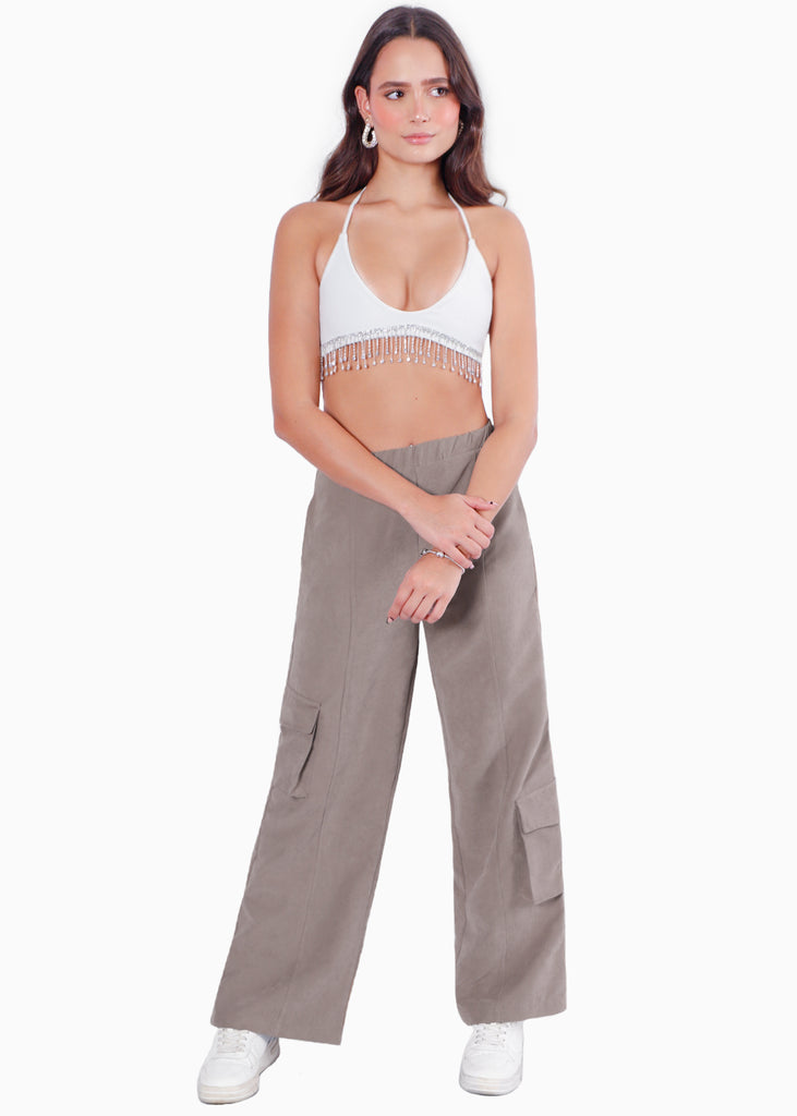 Crop top con escote de triángulo y apliques de piedras brillantes color blanco, marfil para mujer - Flashy