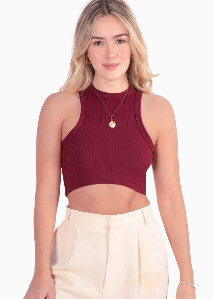 Crop top cuello halter sin mangas color vino para mujer - Flashy