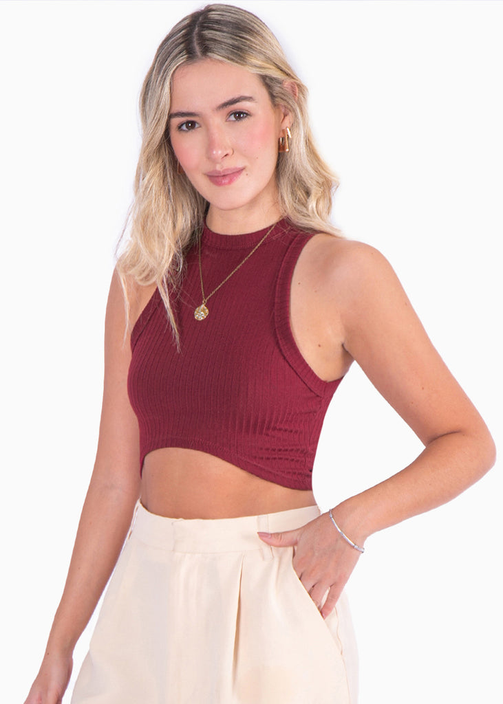 Crop top cuello halter sin mangas color vino para mujer - Flashy