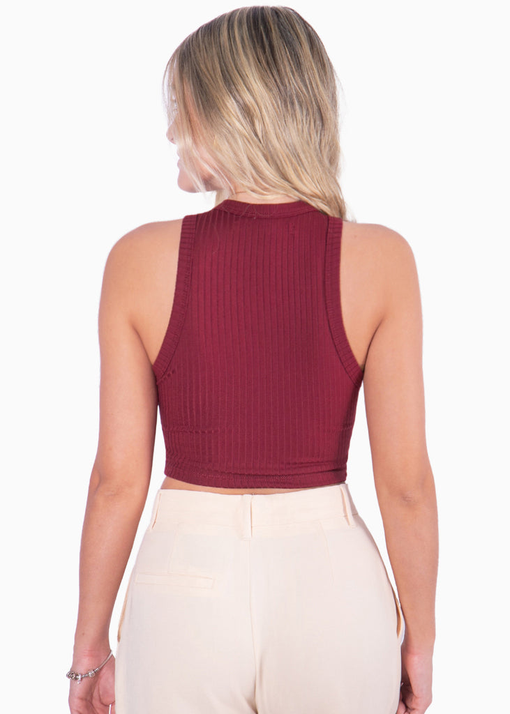 Crop top cuello halter sin mangas color vino para mujer - Flashy