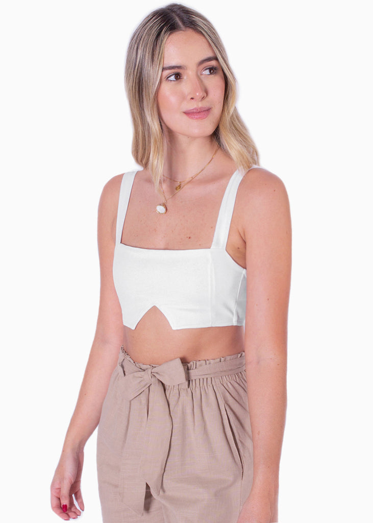 Crop top de tiras con abertura y escote cuadrado color blanco para mujer - Flashy
