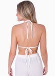 Crop top de tiras con argolla en escote color marfil para mujer - Flashy
