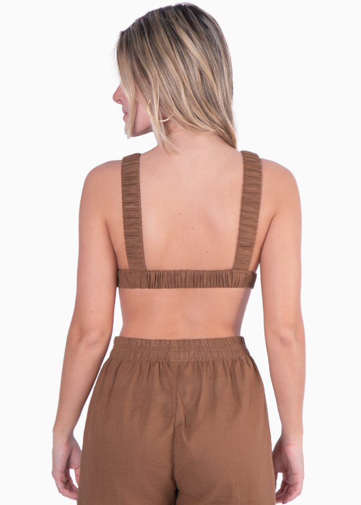 Crop top de tiras con elástico color café para mujer - Flashy
