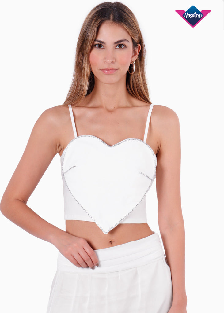 Crop top de tiras con corazon en frente color marfil para mujer - Flashy