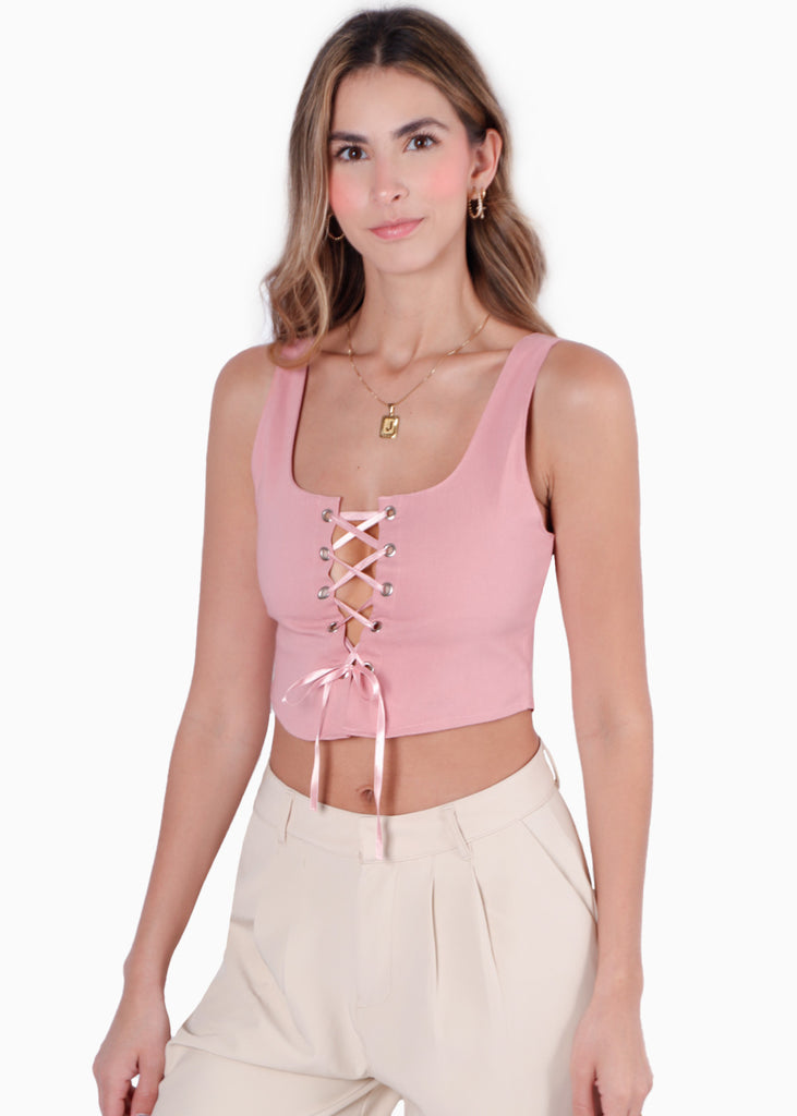 Crop top de tiras con ojaletes color rosado para mujer - Flashy