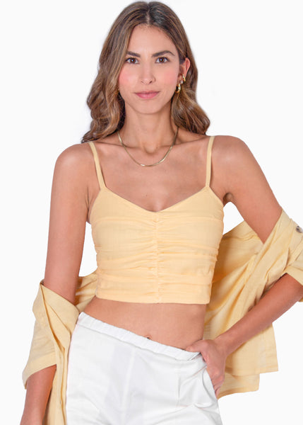 Crop top de tiras con recogido en frente color amarillo para mujer - Flashy