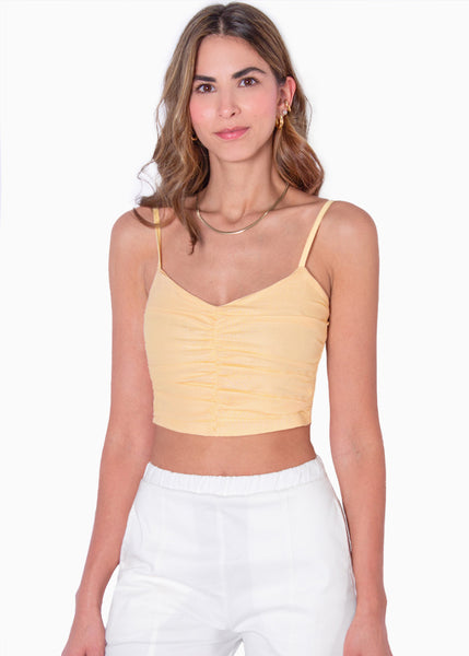 Crop top de tiras con recogido en frente color amarillo para mujer - Flashy