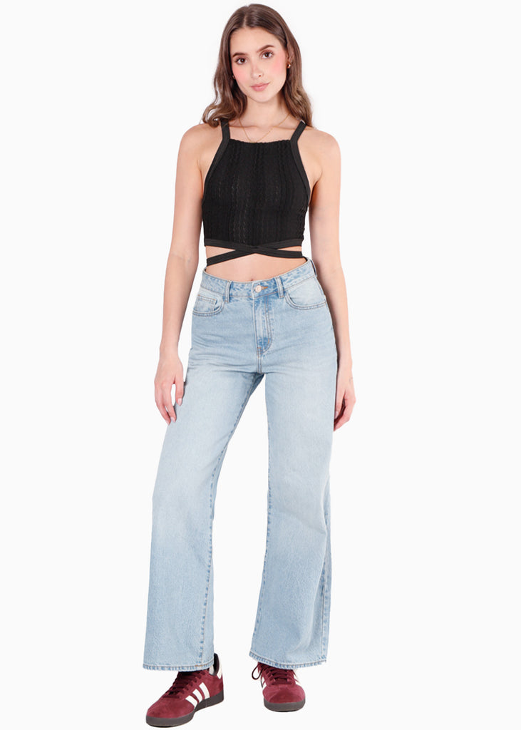 Crop top de tiras tejido con cruce en cintura color negro para mujer - Flashy