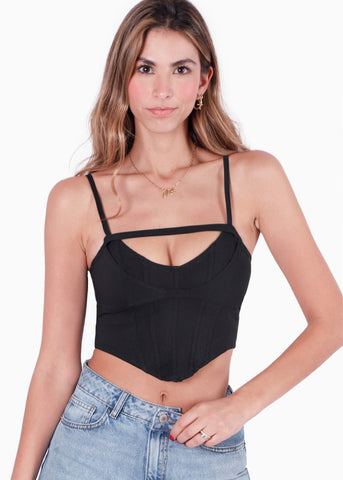 Crop top de tiras tipo corset con abertura en escote color negro para mujer - Flashy