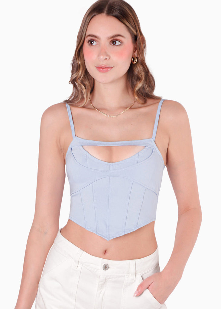 Crop top de tiras tipo corset con abertura en escote color azul para mujer - Flashy