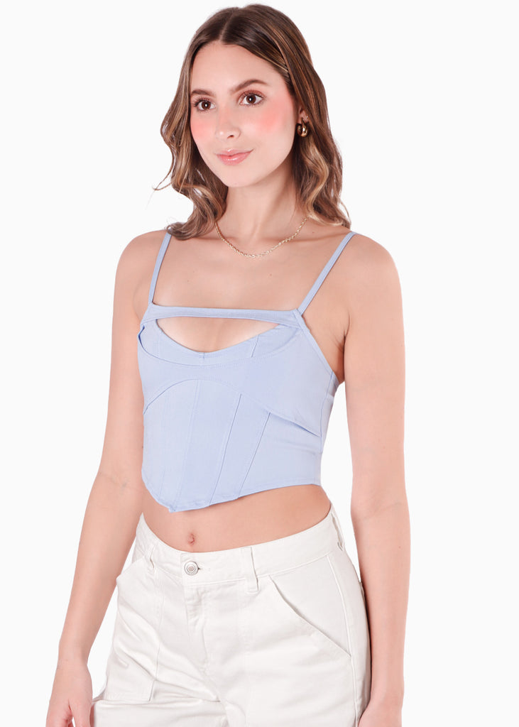 Crop top de tiras tipo corset con abertura en escote color azul para mujer - Flashy