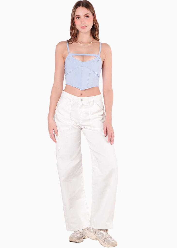 Crop top de tiras tipo corset con abertura en escote color azul para mujer - Flashy