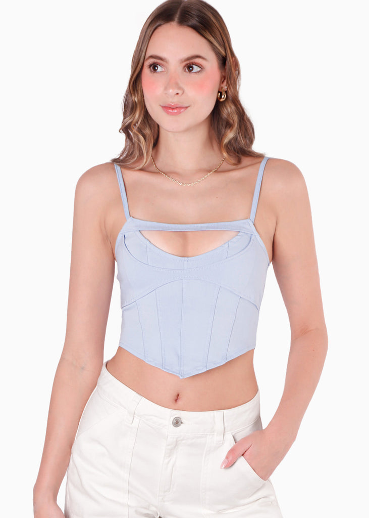 Crop top de tiras tipo corset con abertura en escote color azul para mujer - Flashy